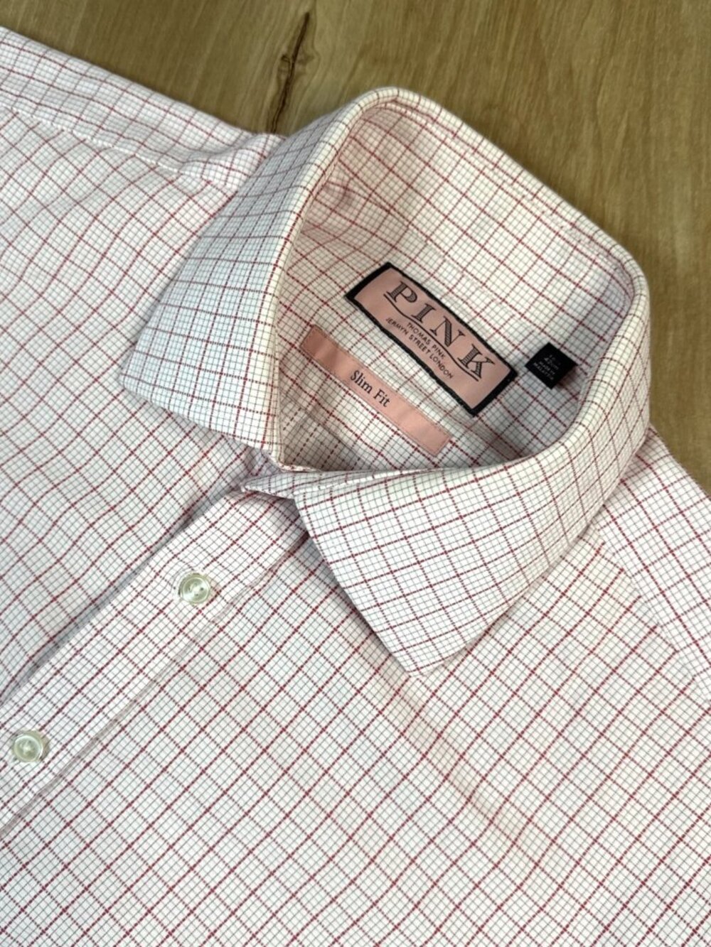 Thomas Pink Mens Slim Fit 16.5 Pink Checkered Cotton Long Sleeve Dress Shirt